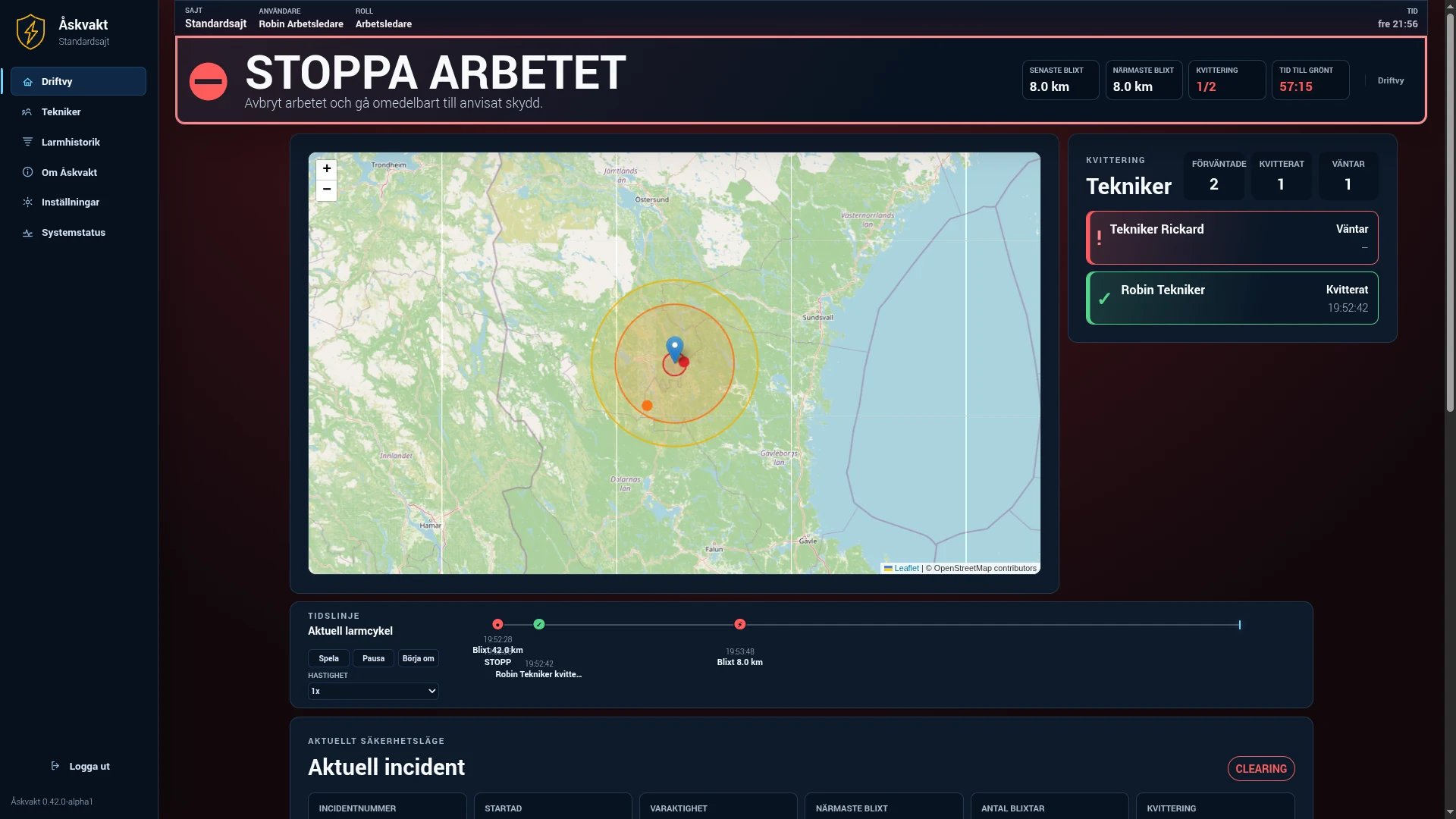 Åskvakt Supervisor med STOPP-läge, karta och kvitteringsstatus